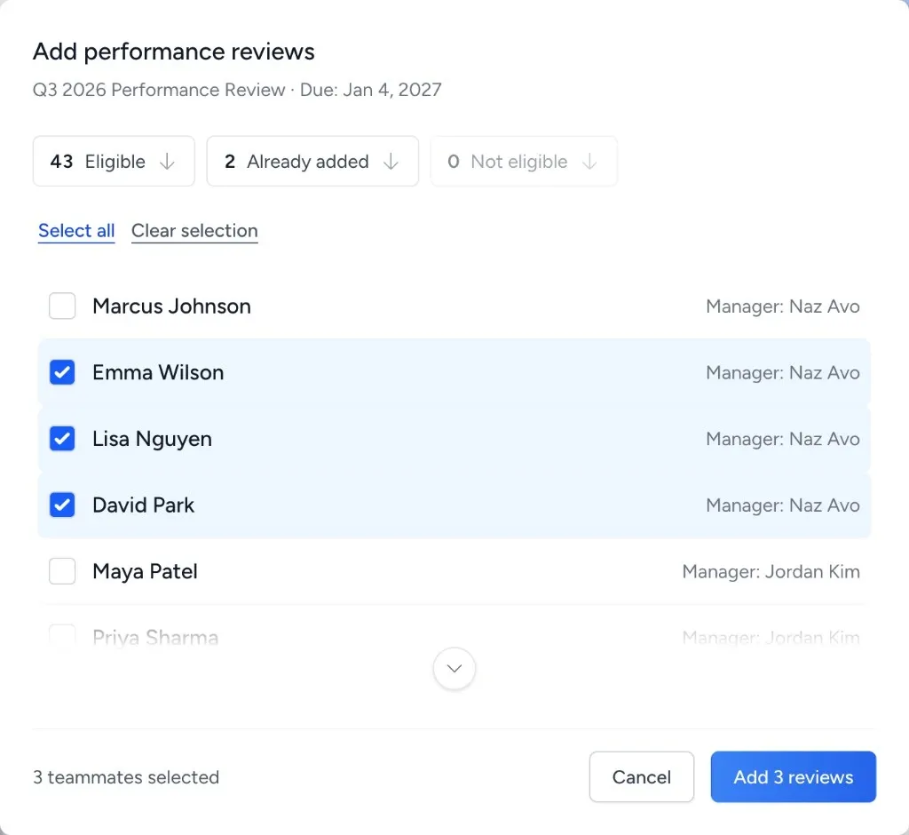 Add performance reviews modal showing Eligible, Already added, and Not eligible tabs, Select all, the teammate list with checkboxes, and the Add reviews action