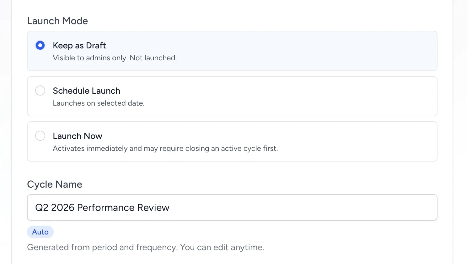Create Review Cycle form showing Keep as Draft, Schedule Launch, Launch Now, and the generated Cycle Name field