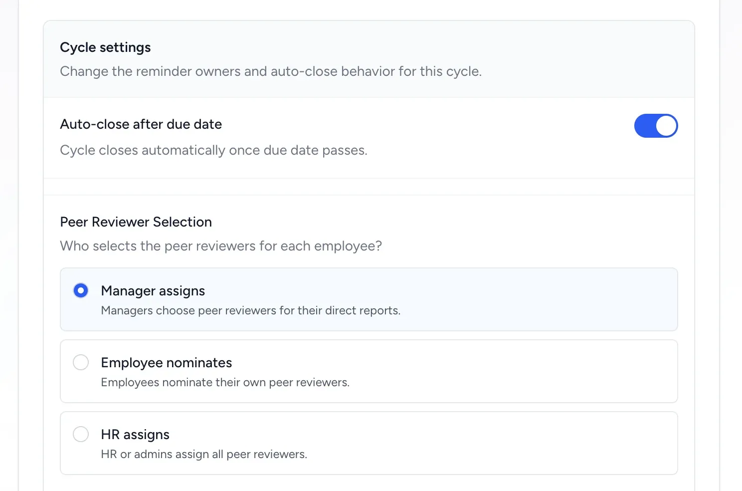 Create Review Cycle form showing Auto-close after due date and Peer Reviewer Selection options